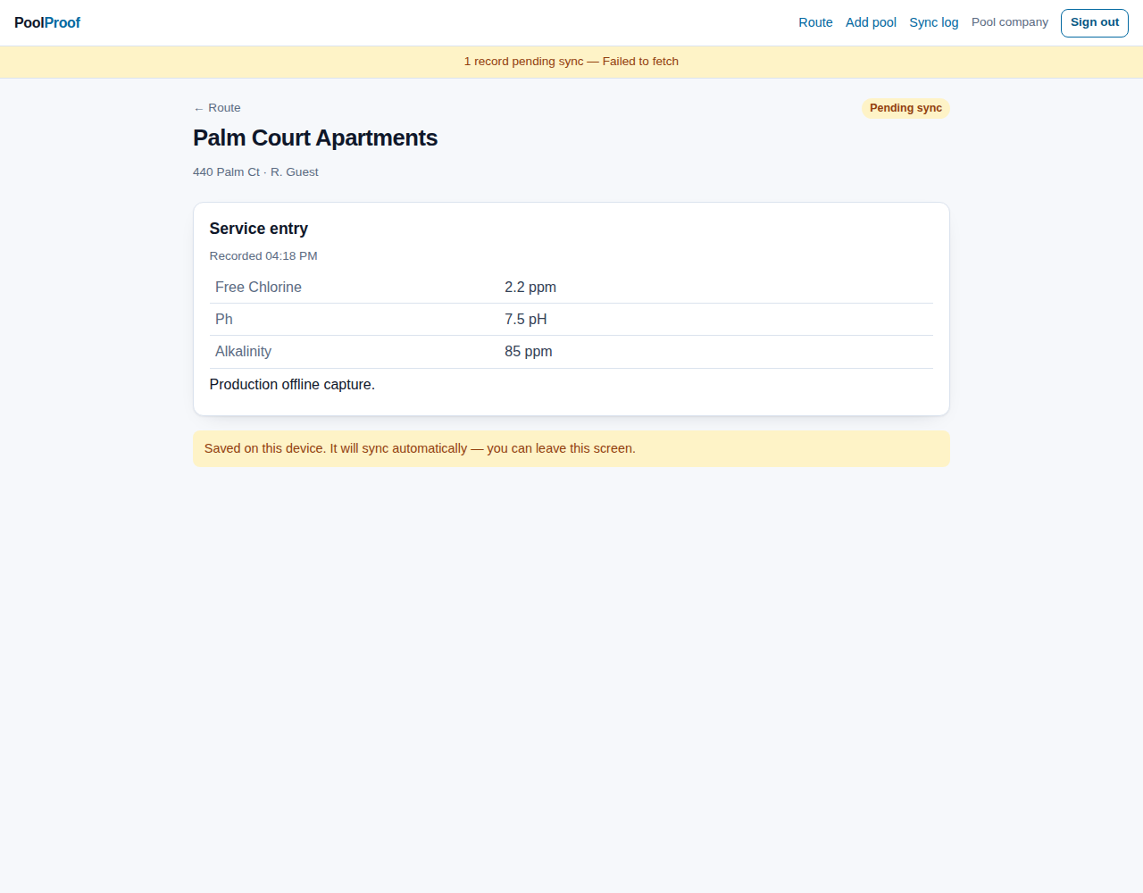 Capture a stop, saved on the device first: the badge reads Pending sync until the server has it.