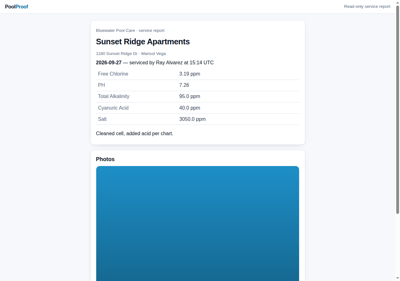 The customer report a link opens: readings, notes, photos, no login.