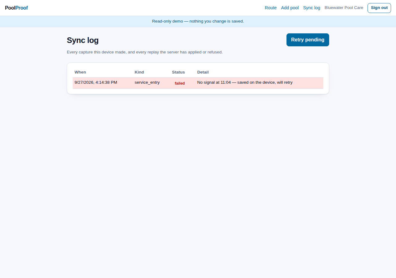 Pending vs synced, per record — including one deliberately failed sync in the demo.